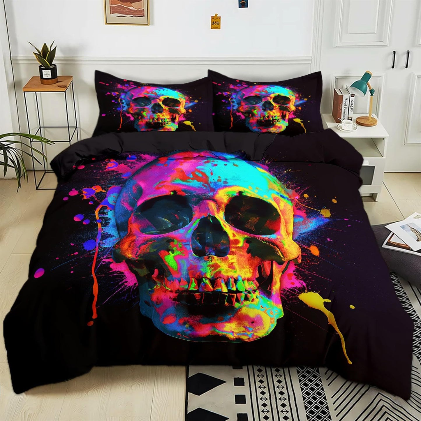 Bed Linen 135 x 200 cm Halloween Moon Black Cat Grey 3D Printed Duvet Cover Easy Care 3-Piece Bedding Set Polyester Cotton with Zip and 2 Pillowcases
