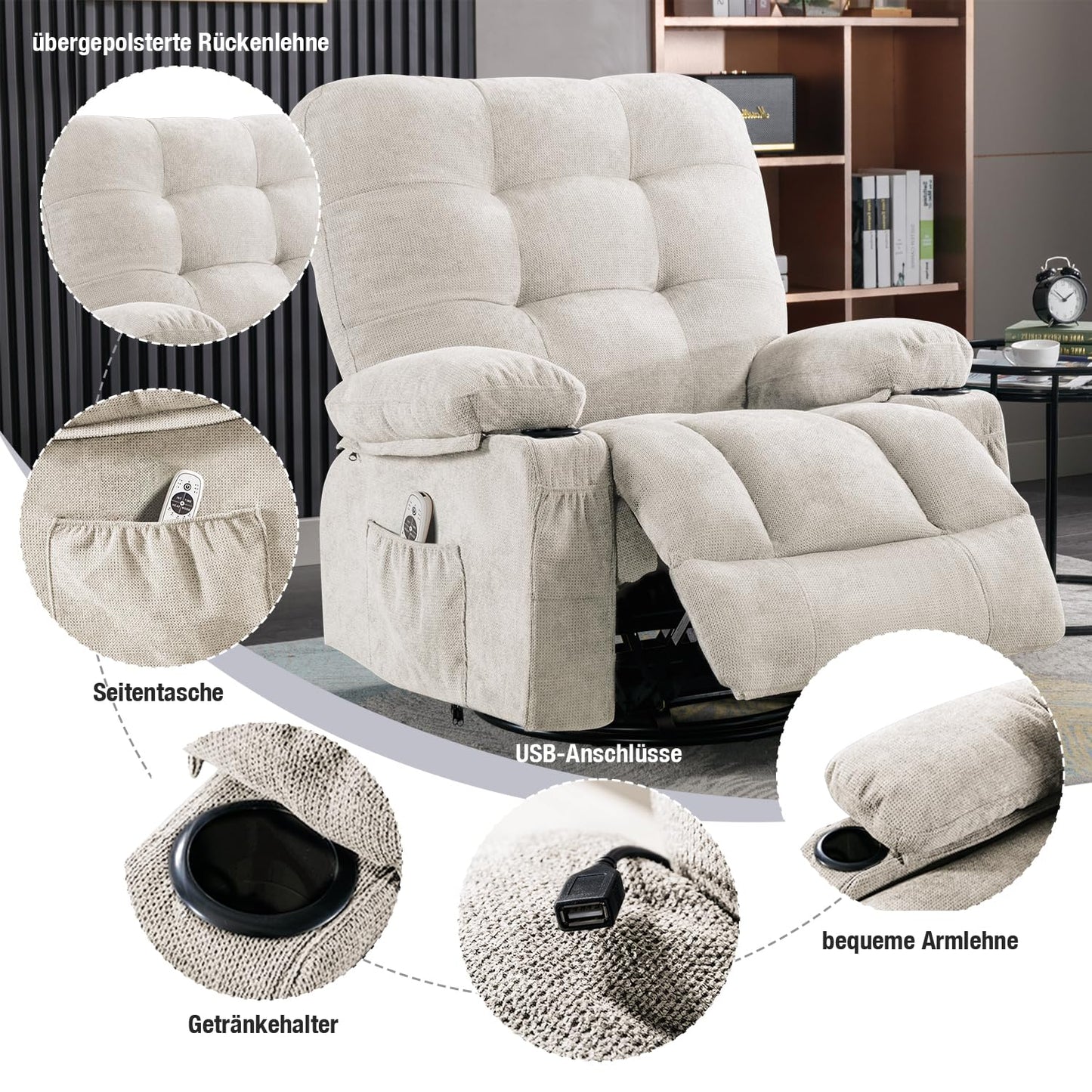 Bosmiller Relaxsessel mit Liegefunktion Massagesessel Oversize Fernsehsessel 360°Drehbarer Liegesessel Heizung Verstellbar Sessel Stoff