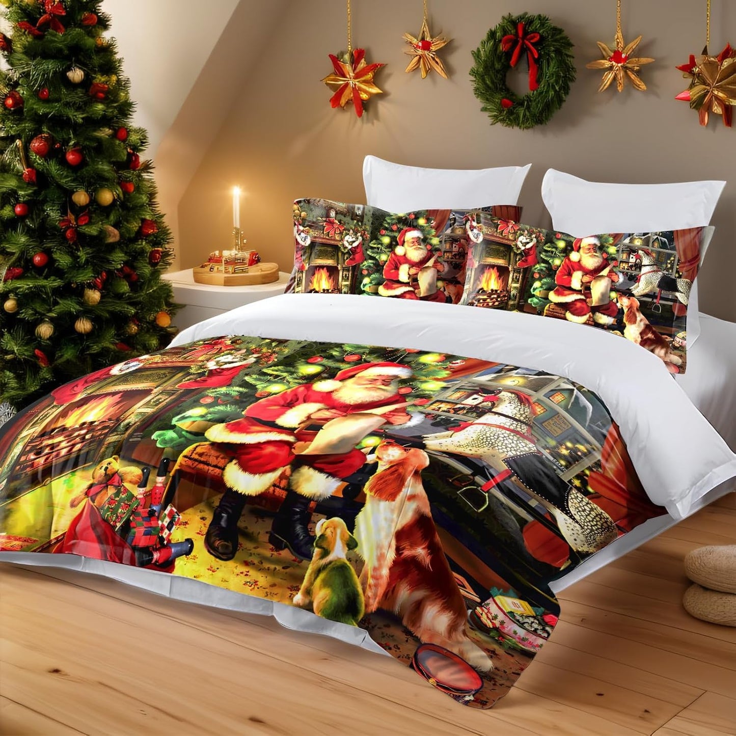 UGZDEA Christmas Bed Linen Set 200 x 200 cm, 3D Christmas Bedding Set with 2 Pillowcases, Santa, Christmas Tree, Deer, Christmas Gift for Teenagers (I, 200 x 200 cm)