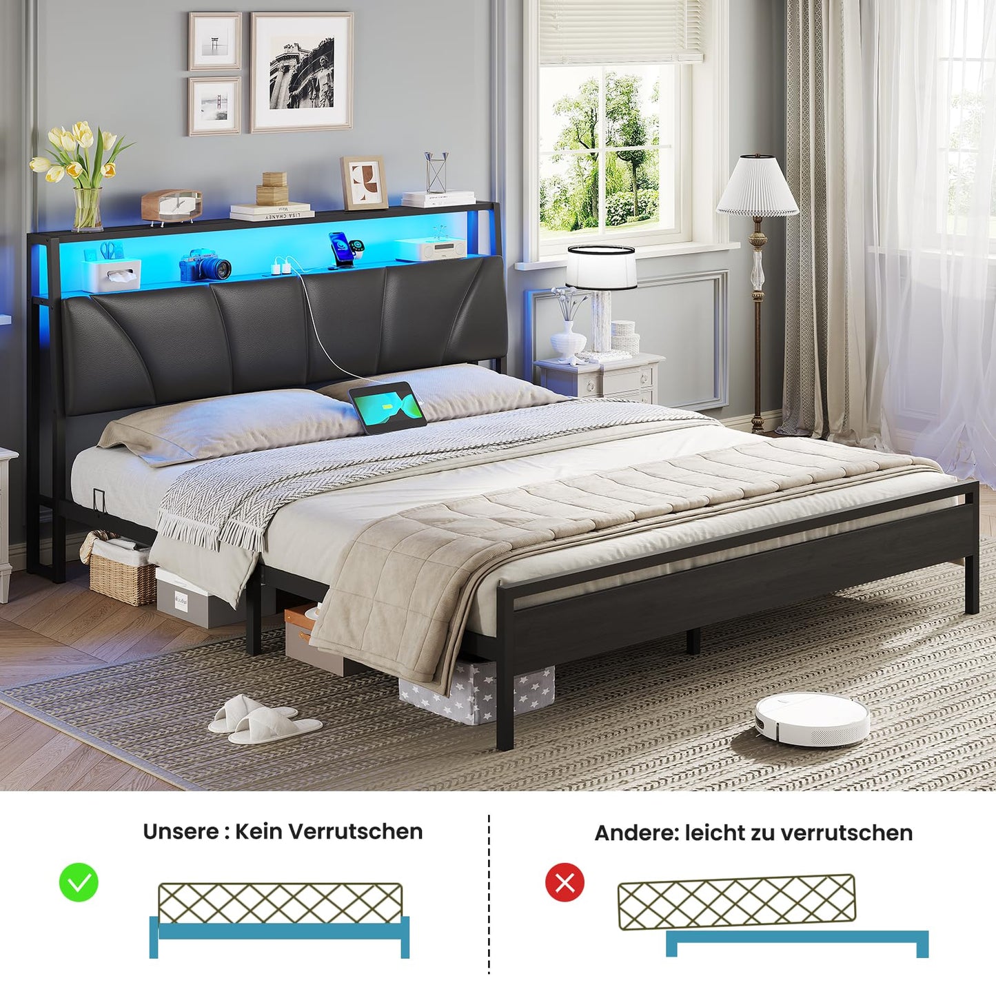 Brinlawb Bed 140 x 200 cm with Metal Slatted Frame, Bed Frame 140 x 200 cm with LED Lighting, Metal Bed 140 x 200 cm with Headboard and Charging Station (2 AC Sockets, 2 USB Ports), Youth Bed, Double
