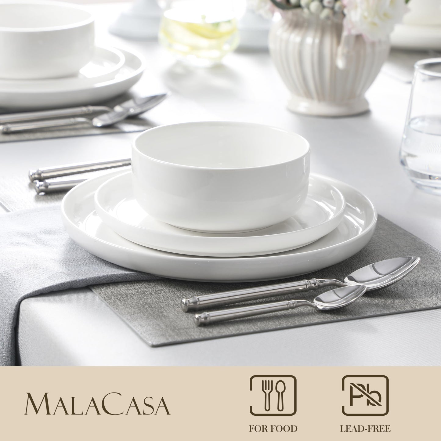 MALACASA Geschirrset 6 Personen, LUNA 24-tlg Tafelservice aus Weißem Porzellan, Modernes Geschirr Set mit je 6 Speiseteller, Dessertteller, Suppenteller und Müslischalen