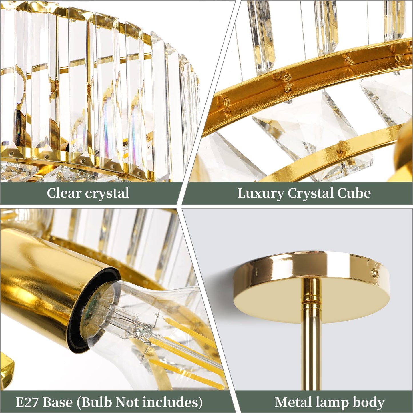 FRIDEKO HOME Modern Kronleuchter Kristall Deckenleuchte Gold,Kleine Kristall Deckenlampe E27 Fassung für Wohnzimmer Schlafzimmer Küche Flur,Ø23cm