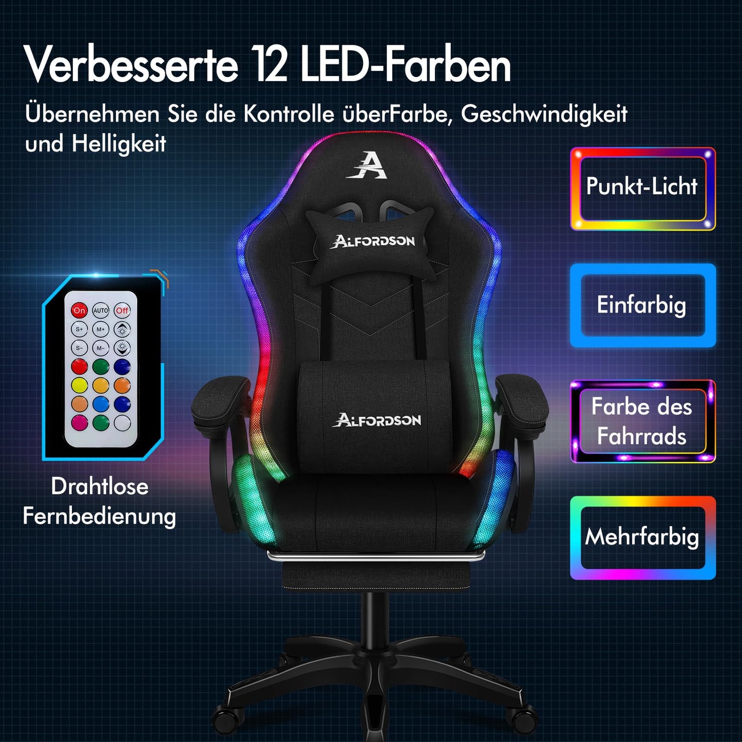 ALFORDSON Gaming Stuhl mit 8-Punkt Massage 12 Farben RGB LED-Licht, Bürostuhl Ergonomisch mit fußstützen, Kopfstütze Lendenkissen für Kinder Erwachsene, Schwarz