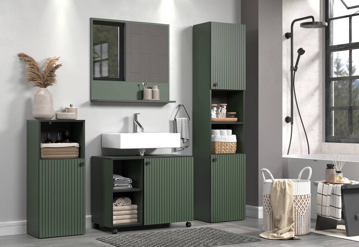 trendteam smart living - PureBliss - Hochschrank - Eiche - Badezimmerschrank in moderner Rillenoptik - edle Metallgriffe - (BxHxT) 40 x 186 x 31 cm - 2 praktische Einlegeböden - kratzfest