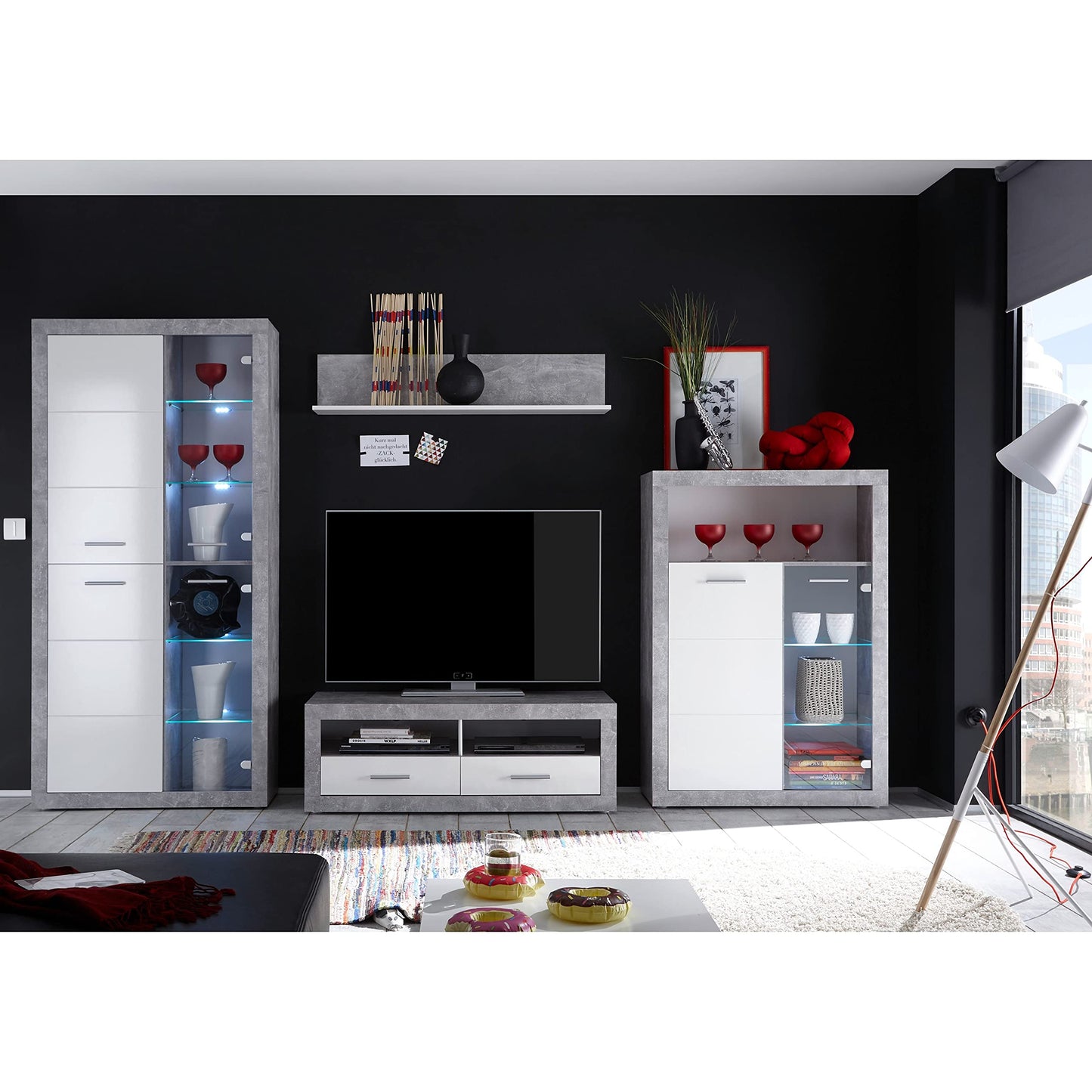 STONE Wohnwand Komplett-Set in Beton Optik, Weiß - Moderne Schrankwand für Ihr Wohnzimmer - 304 x 194 x 48 cm (B/H/T)