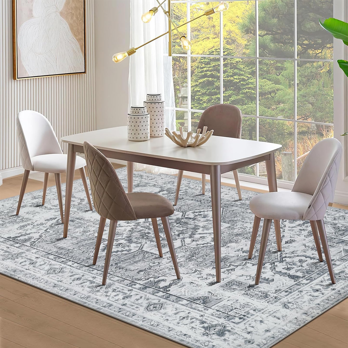 WONGS BEDDING Boho Rug Living Room Bedroom Short Pile Rugs Washable Soft Non-Slip Vintage Design
