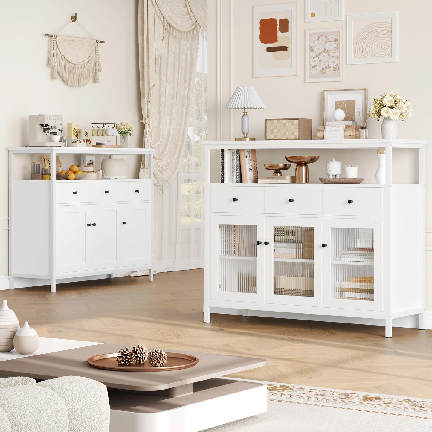 FirFurd Sideboard Küchenschrank mit Arbeitsplatte &3 Schubladen&3 Glastüren, Buffetschrank Kommode Kaffeebar Mehrzweckschrank, Sideboard für Wohnzimmer Küche Esszimmer 108 x 38 x 98,5 cm schwarz