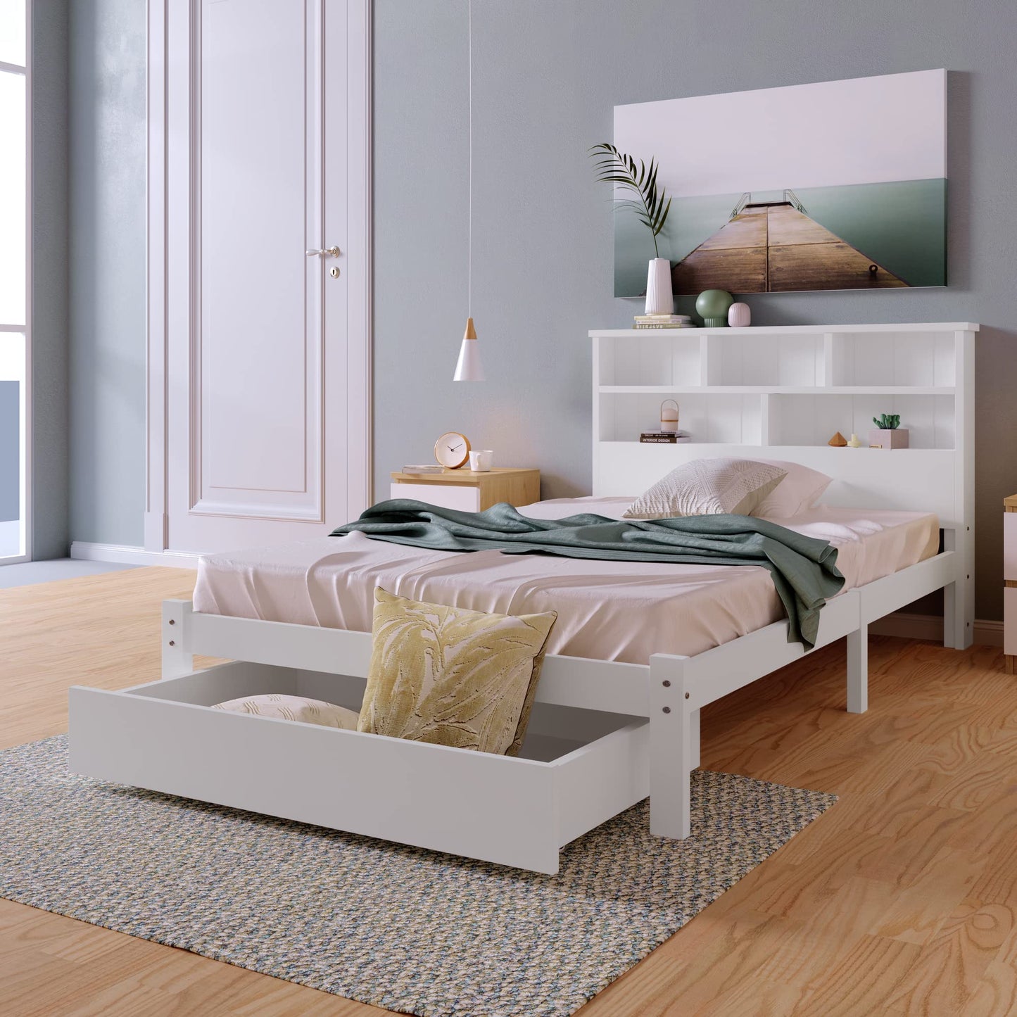 RIAZOS Kinderbett Holzbett 90x200 cm, Massiveholz Einzelbett mit Schreibtisch und Schubladen, Stauraumbett mit Lattenrost, für Jungen & Mädchen, ohne Matratze, Weiß