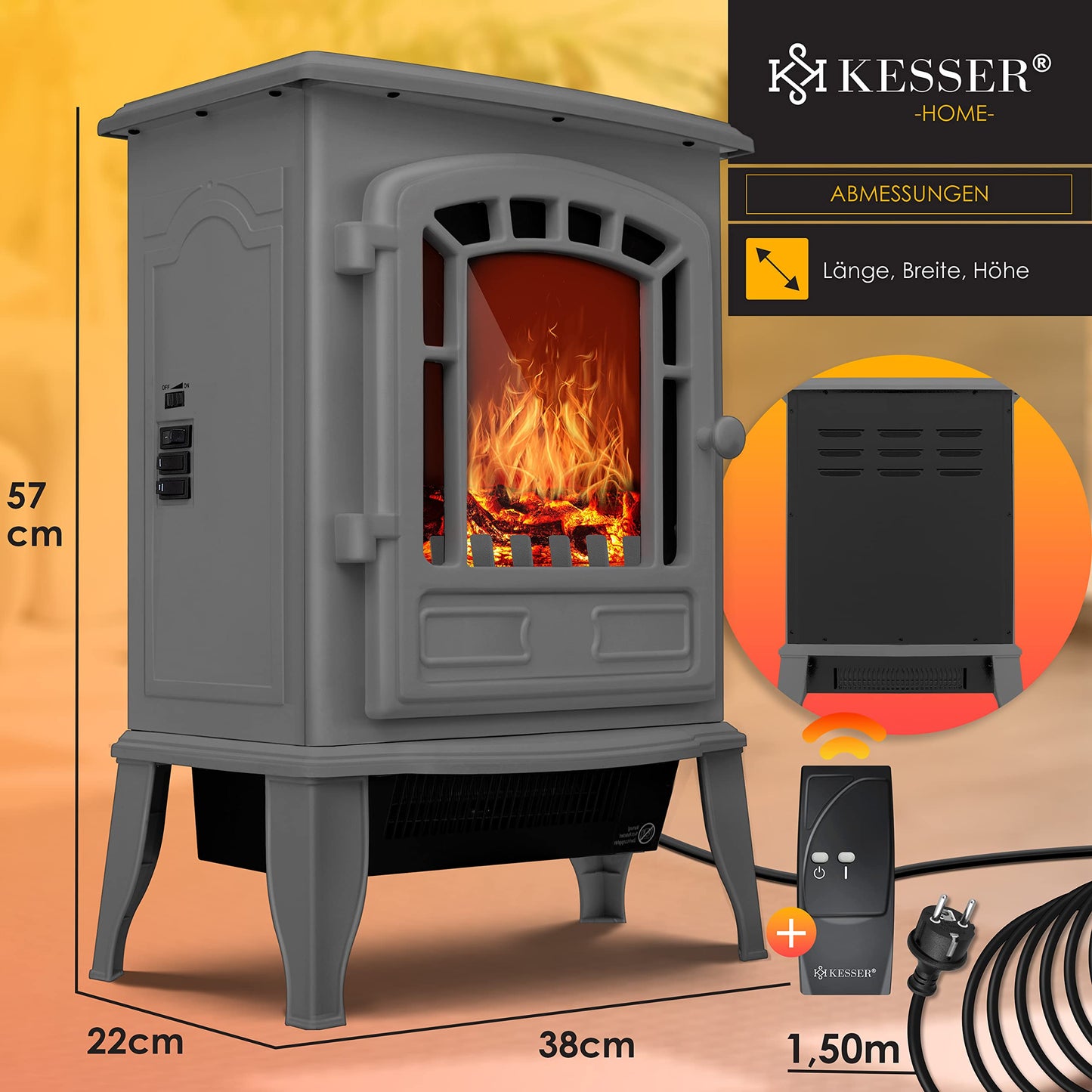 KESSER® Elektrokamin mit Heizlüfter & Fernbedienung 2000W Elektro Kamin Elektrischer Heizung LED Kaminfeuer Effekt Kaminofen Flammeneffekt Heizer Ofen geräuscharm regelbar Grau