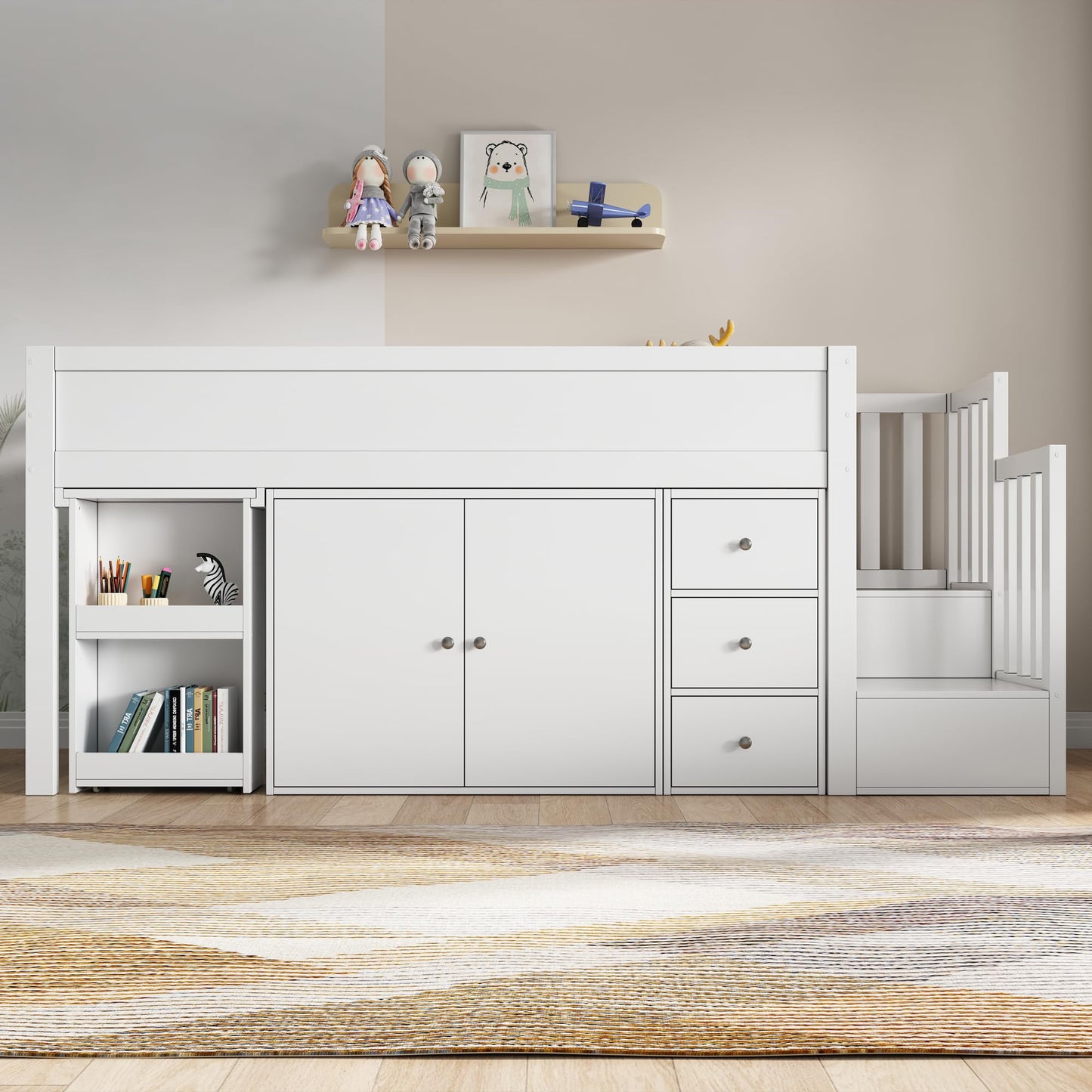 Children's Bed 90 x 200 cm, Wooden Bed with Drawers and Board, Headboard with Bookshelf and Fall Protection, Bed with Slatted Frame and Storage Space, Teenager's Bed, Functional Bed, Wooden Bed Frame,