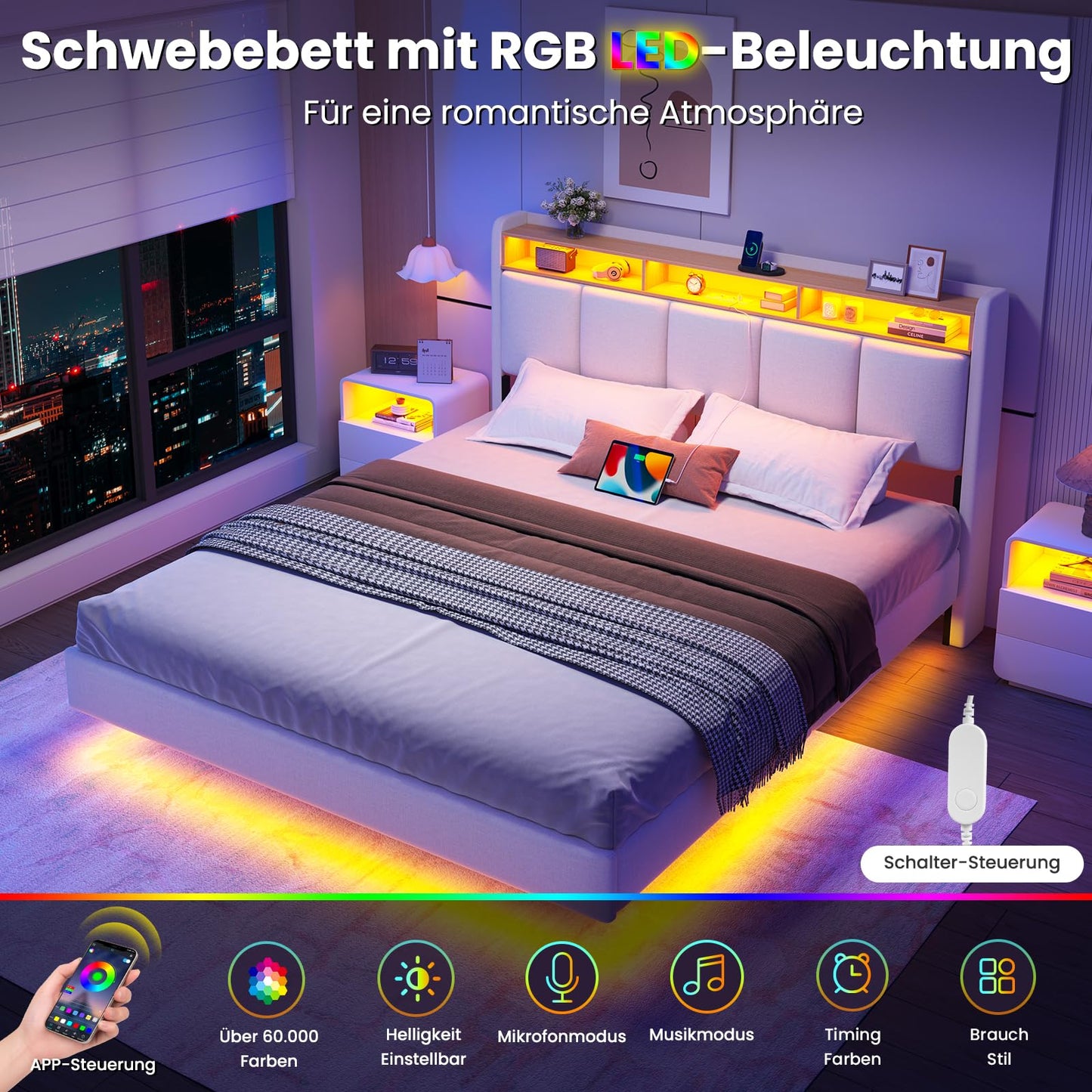 Brinlawb Upholstered Bed 140 x 200 cm Floating Bed with LED Lighting, Headboard and Charging Station (2 AC Sockets, 2 USB Ports), Bed 140 x 200 cm with Storage Space, Modern Double Bed with Slatted