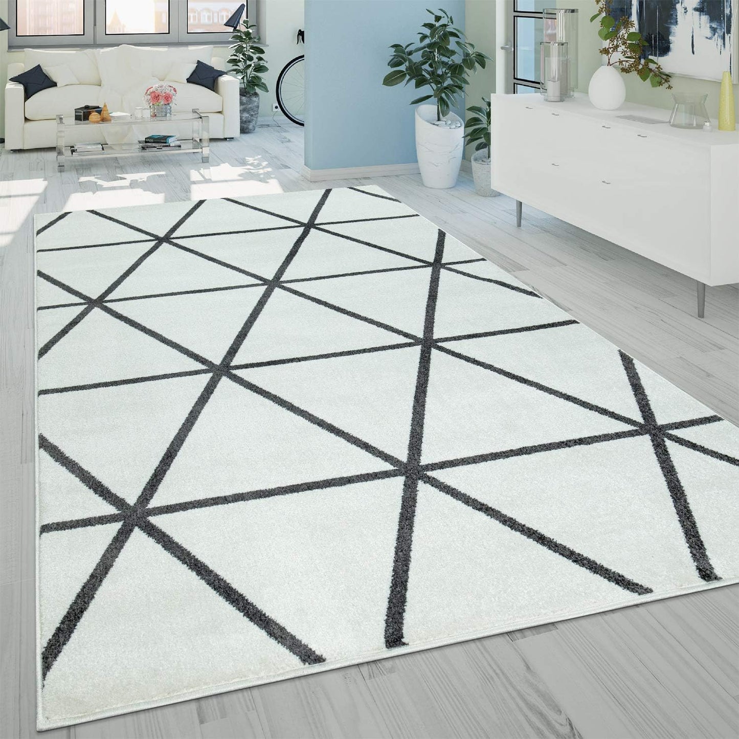 Paco Home Teppich Wohnzimmer Skaninavisches Rauten Design Weich Pastellfarben Kurzflor Blau Weiß, Grösse:60x100 cm