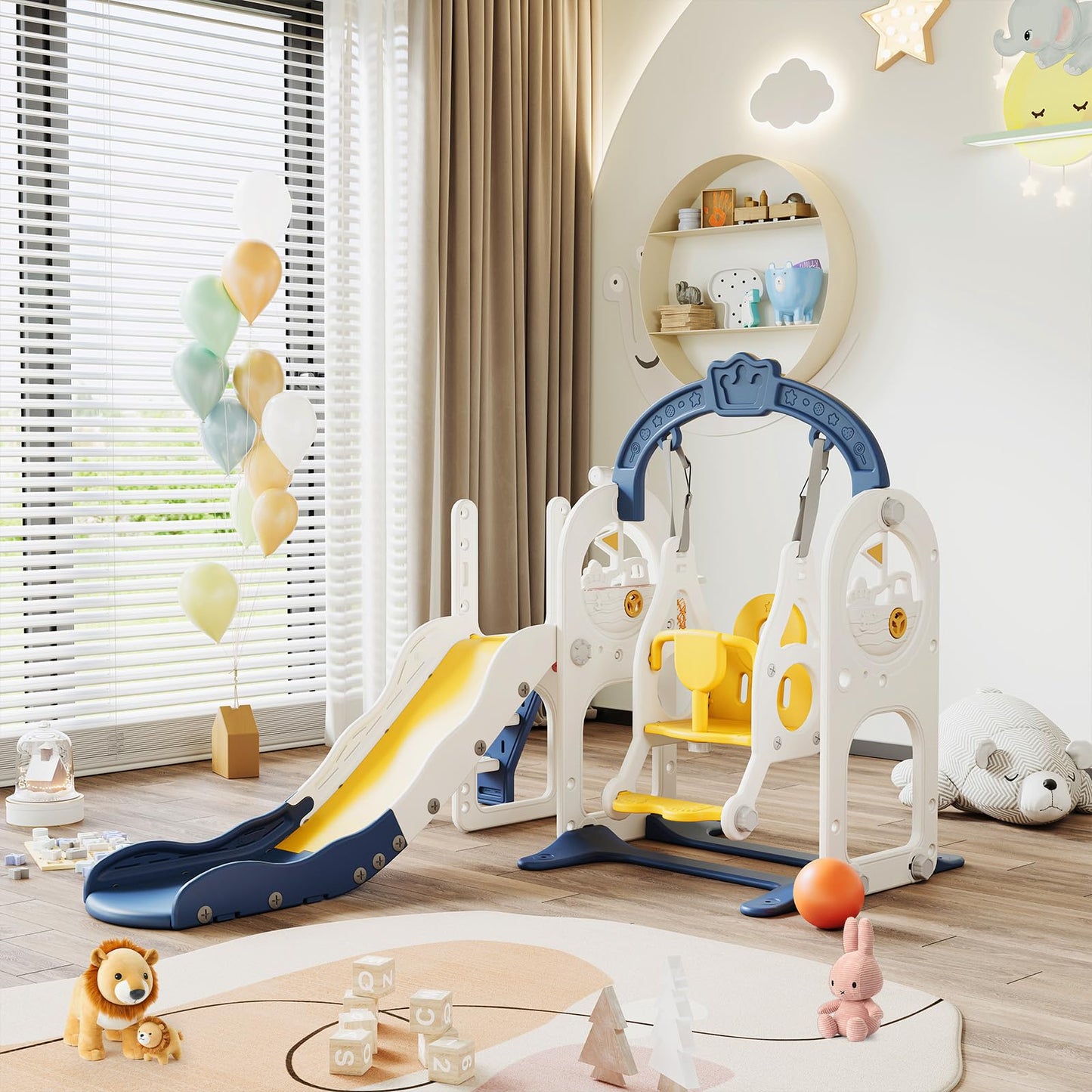 DADEA 6 in 1 Kinderrutsche mit Korb, Rutsche und Schaukel für Kinder im Freien Grün, 150 × 150 × 115 cm, Babyschaukel und Rutsche für Kinder zu Hause Schaukel Kinderrutsche, Grün