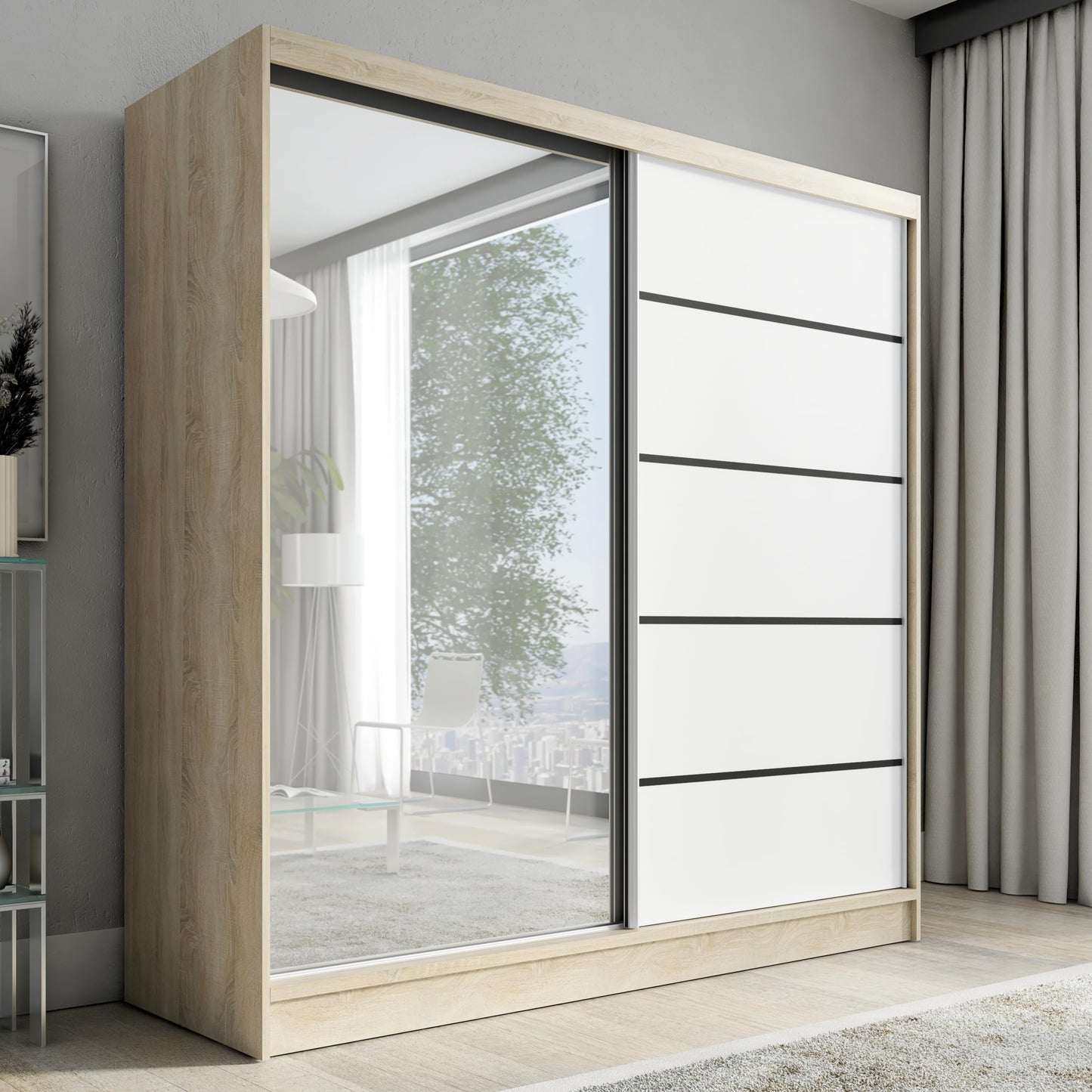 A&J MöbelLand Schwebetürenschrank mit Spiegel, 200 cm, 2 Türen, Schwarz (Schwarz)