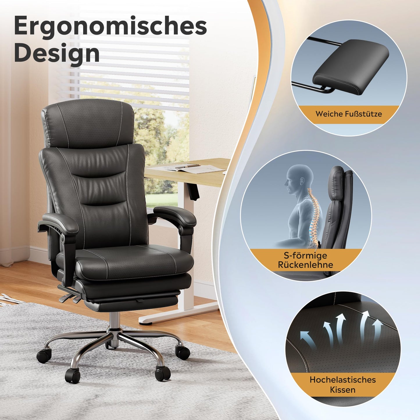 DEVAISE Chefsesse PU Leder, Bürostuhl Ergonomisch mit Fußstütze und Lendenwirbelstütze, Wippfunktion und Winkelverriegelung, Hohe Rückenlehne, Höhenverstellbar, Liegestuhl für Büro & Zuhause, Schwarz