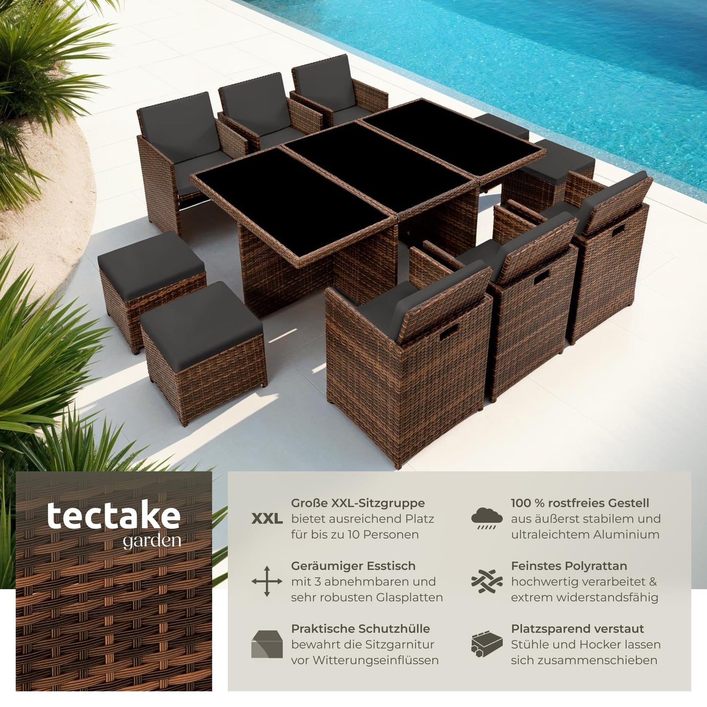 tectake Polyrattan Gartenmöbel Set, Sitzgruppe mit 6 Stühle +1 Glasplatte Tisch + 4 Hocker, Gartenlounge Set klappbar, für bis zu 10 Personen, Balkon Möbel, inkl. 2 Bezugsset - Natur