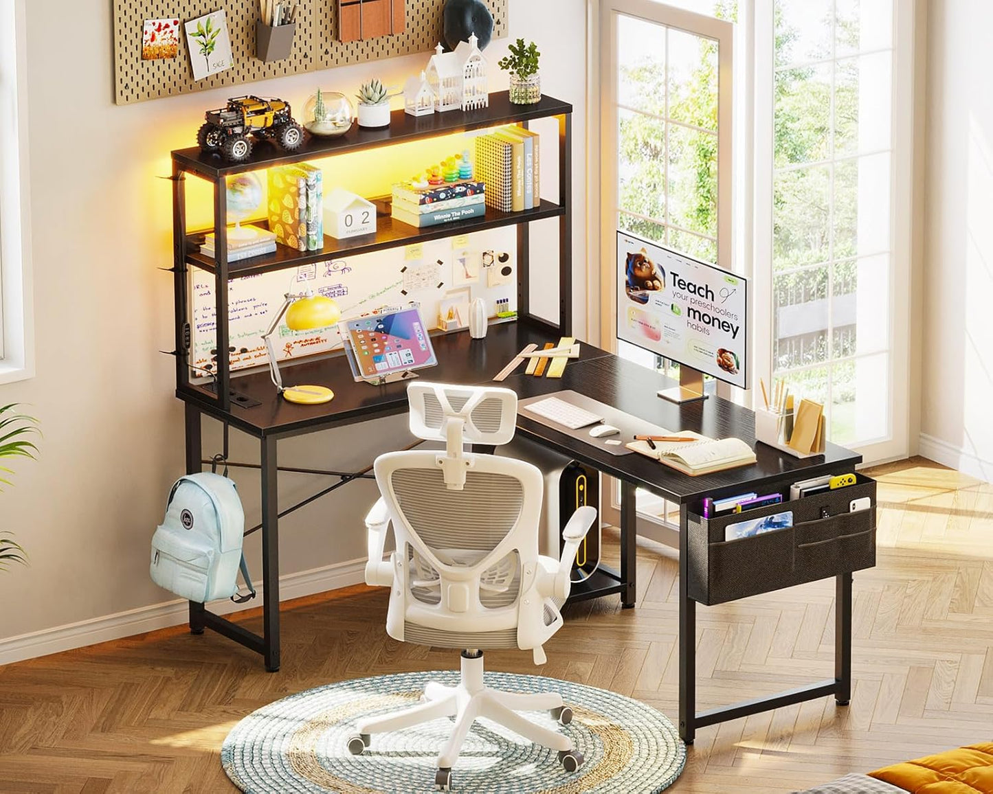 Coleshome Gaming Tisch L Form mit LED & Steckdosen, 135 × 100 cm Reversibel Gaming Schreibtisch mit Ablageregalen, Eckschreibtisch mit Aufbewahrungstasche für Homeoffice und Gaming, Schwarz