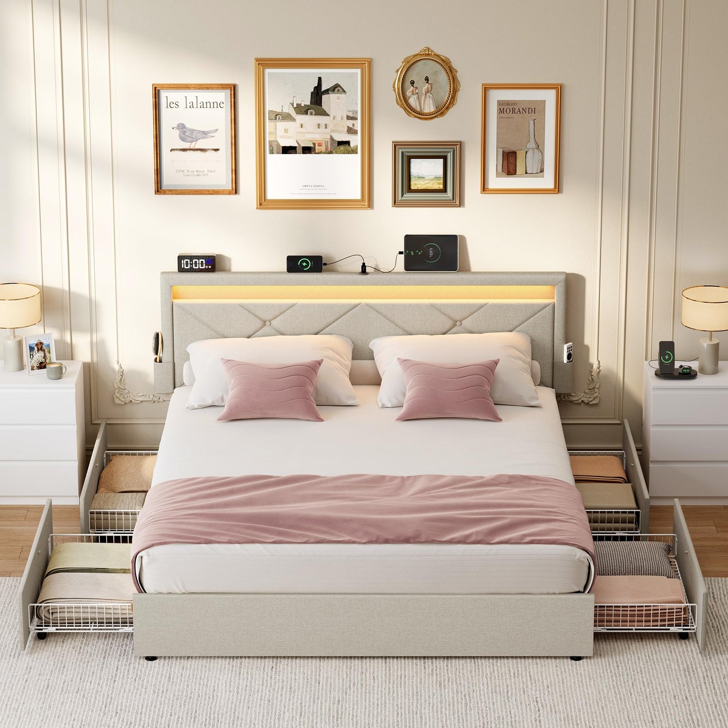 VASAGLE Double Bed Frame - Fits 140 x 200 cm Mattress - LED Metal Bed - 4 Drawers - Charging Station - Adjustable Padded Headboard - Slate Grey RMB827G02