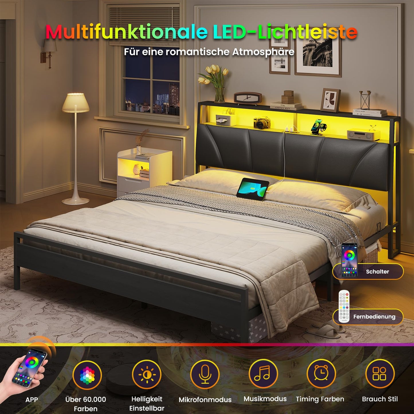 Brinlawb Bed 140 x 200 cm with Metal Slatted Frame, Bed Frame 140 x 200 cm with LED Lighting, Metal Bed 140 x 200 cm with Headboard and Charging Station (2 AC Sockets, 2 USB Ports), Youth Bed, Double