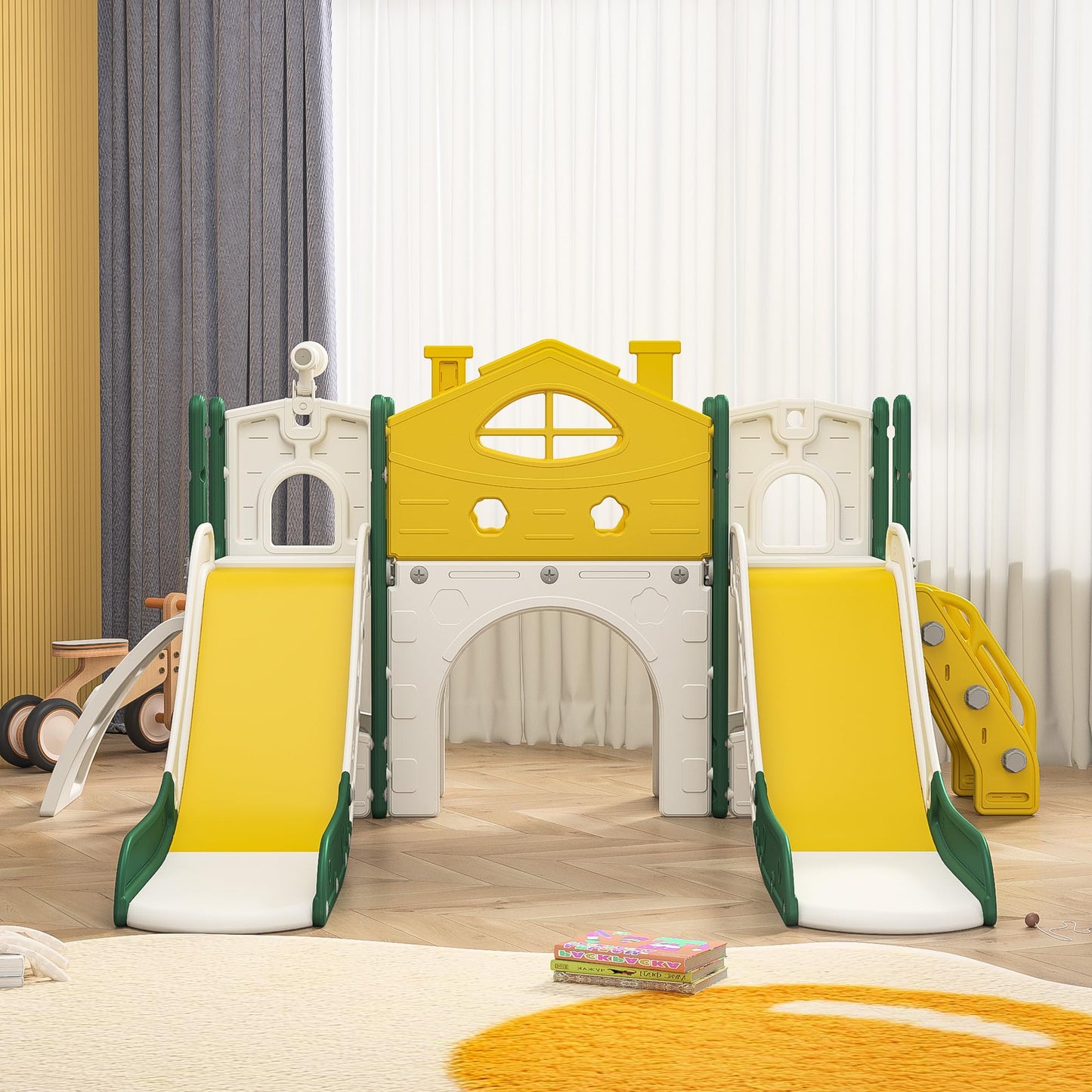 Kinderrutsche, Babyschaukel, 4 in 1, mit Schaukeln, Treppen, Gleiten, Basketballgestellen, Spielplatz für drinnen und draußen, multifunktionale Rutsche (Rosa, Kaninchen)
