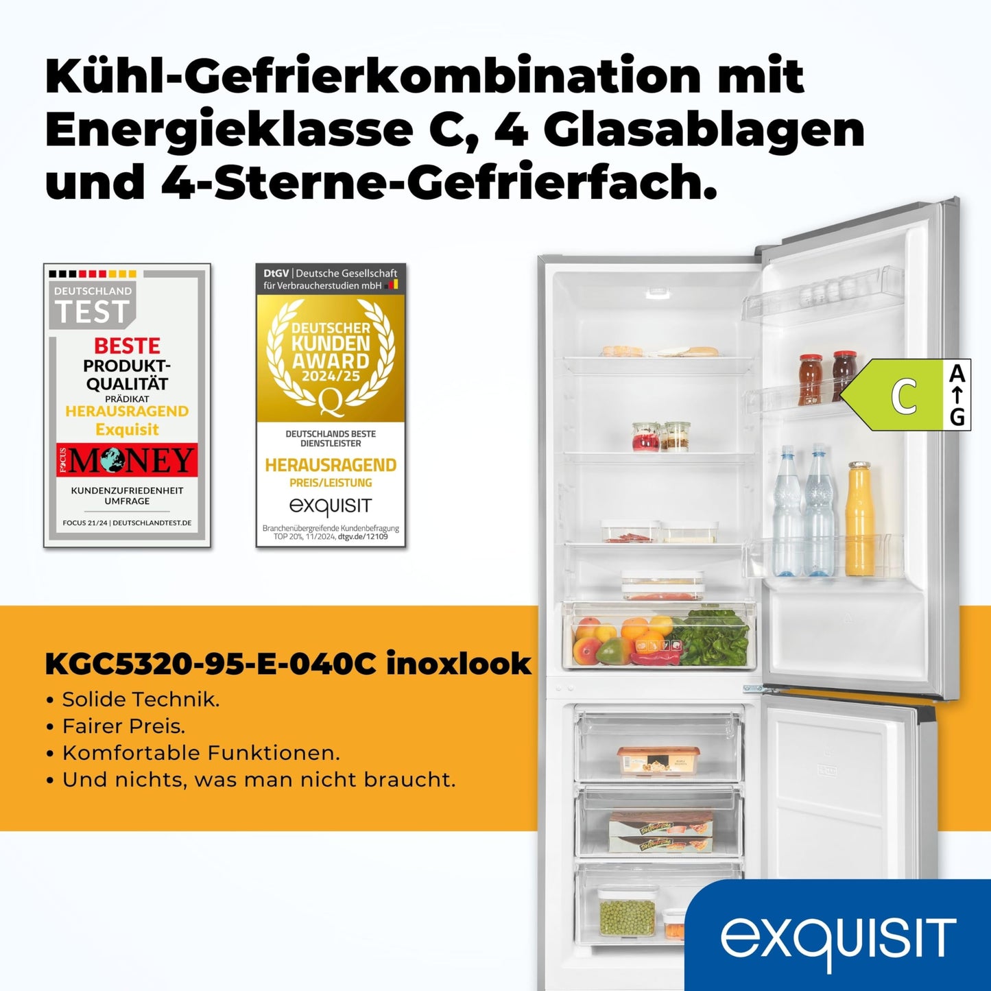 Exquisit Kühl-Gefrierkombination, 186 cm Höhe, Kühlschrank mit Gefrierfach, 4-Sterne-Gefrieren, 315 Liter, Alarm-Funktion, KGC5320-95-E-040C inoxlook-az