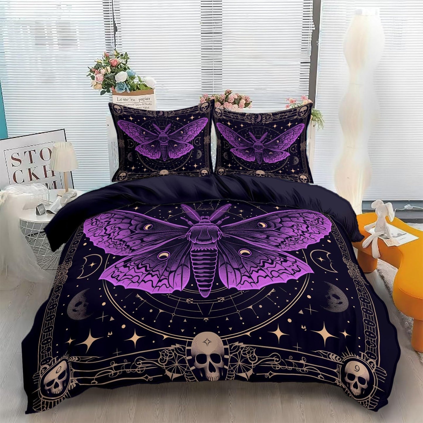 Bed Linen 135 x 200 cm Halloween Moon Black Cat Grey 3D Printed Duvet Cover Easy Care 3-Piece Bedding Set Polyester Cotton with Zip and 2 Pillowcases