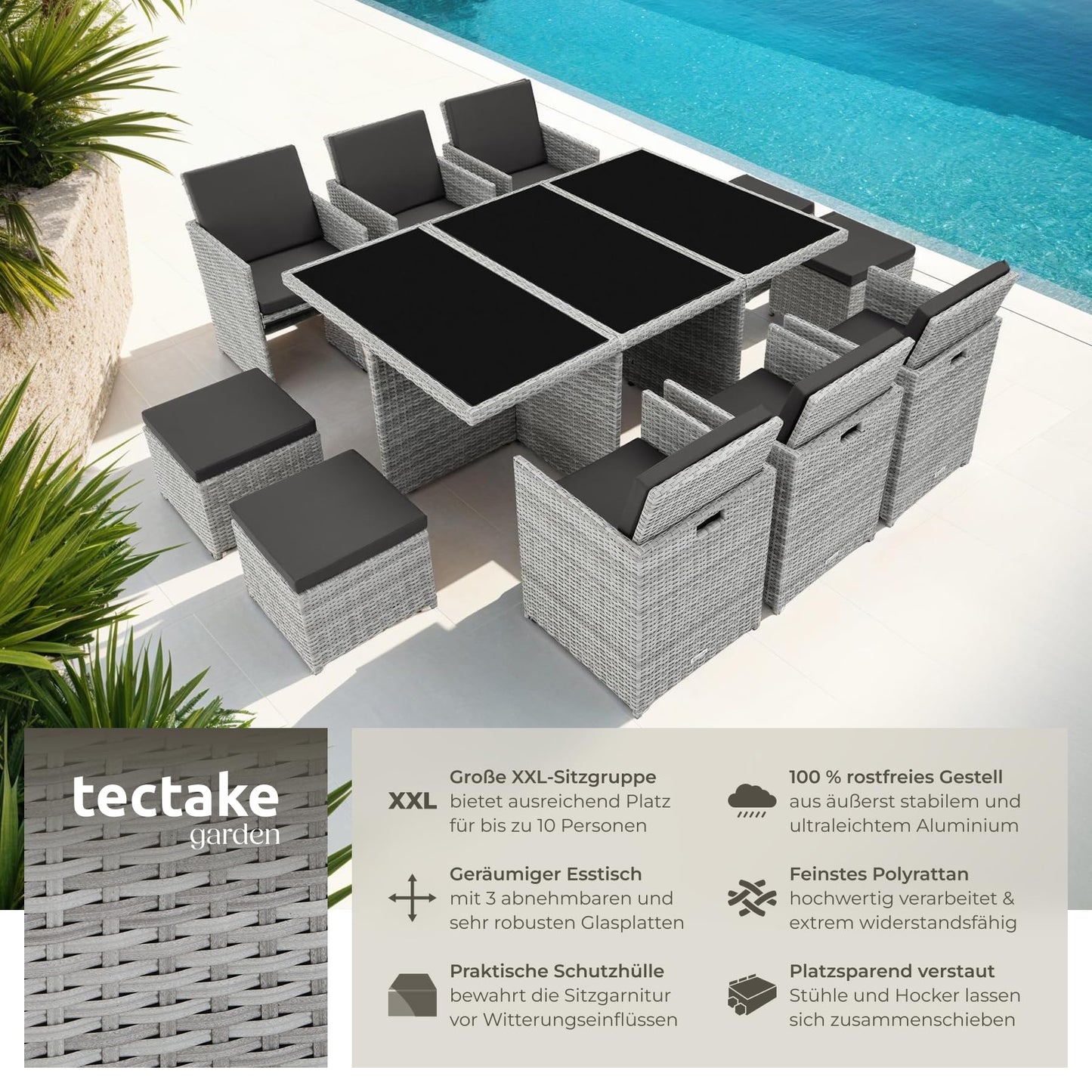 tectake Polyrattan Gartenmöbel Set, Sitzgruppe mit 6 Stühle +1 Glasplatte Tisch + 4 Hocker, Gartenlounge Set klappbar, für bis zu 10 Personen, Balkon Möbel, inkl. 2 Bezugsset - Natur