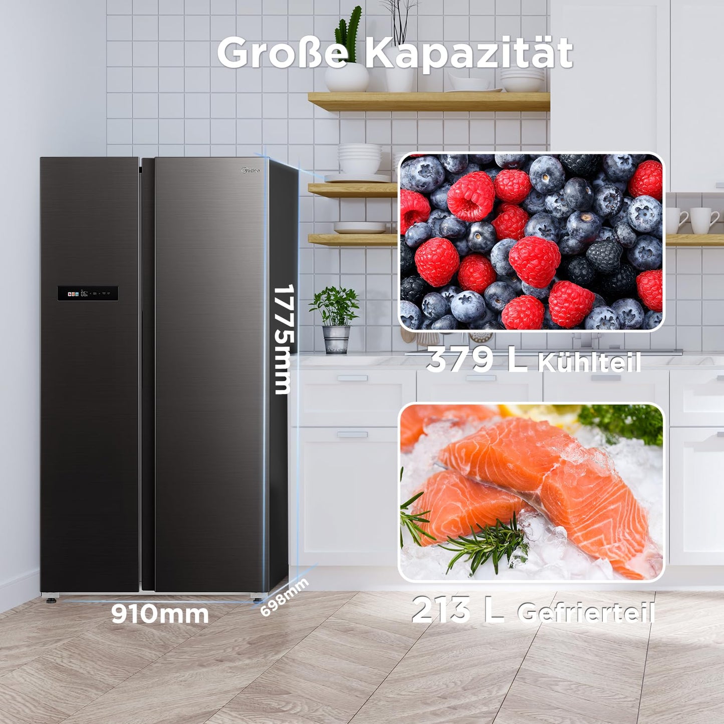 Midea KS-DDX 6.32 WT Side-by-Side Kühl-/Gefrierkombination/ 178,8 cm Höhe/ 254 kWh/Jahr/No Frost/Dual Inverter Compressor/mit 3in1 Wasser-/Eisspender und Wassertank, Dark Inox