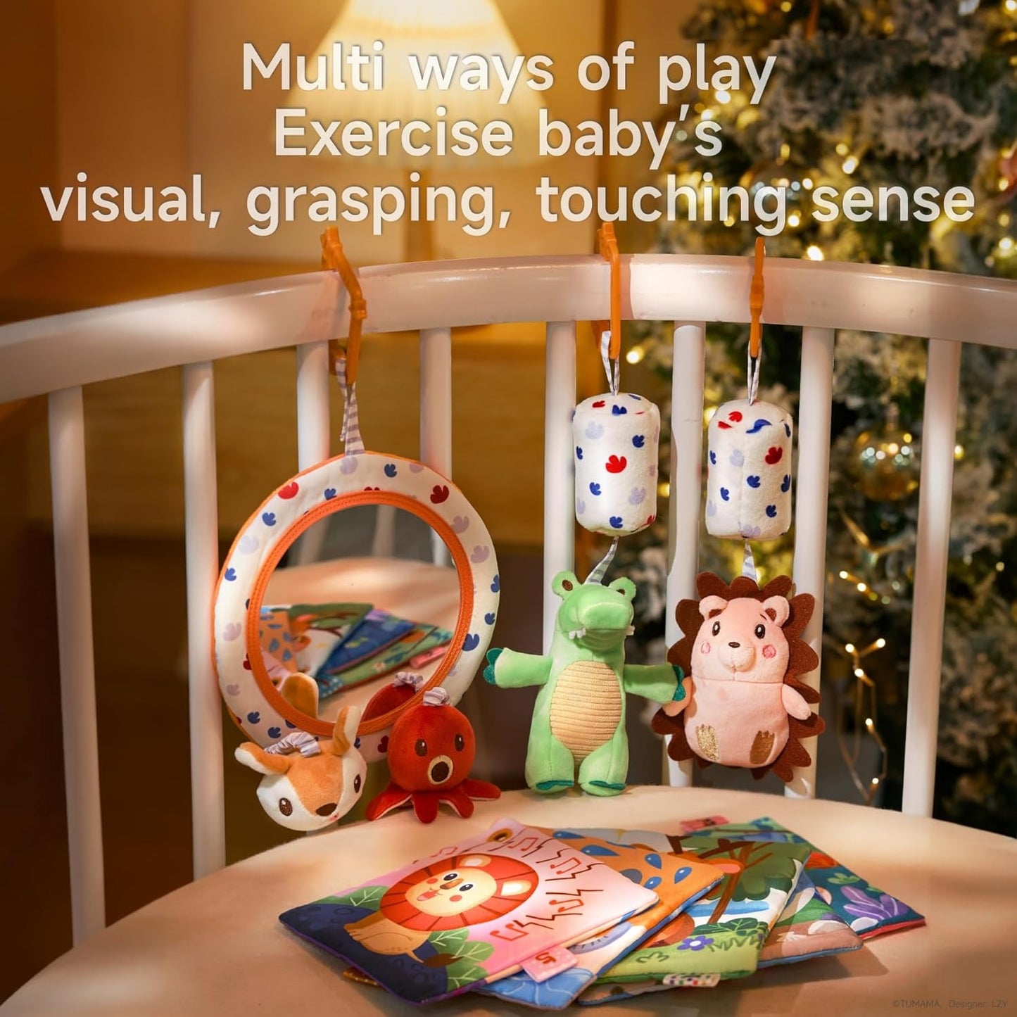 TUMAMA KIDS Baby Spielzeug mit Rassel, Spiegel, Knistertuch Buch, Sensorik Spielzeug für Kinderwagen, Kinderbett, Autositz und Bauchlage, Baby Geschenk Mädchen Junge 0-12 Monate
