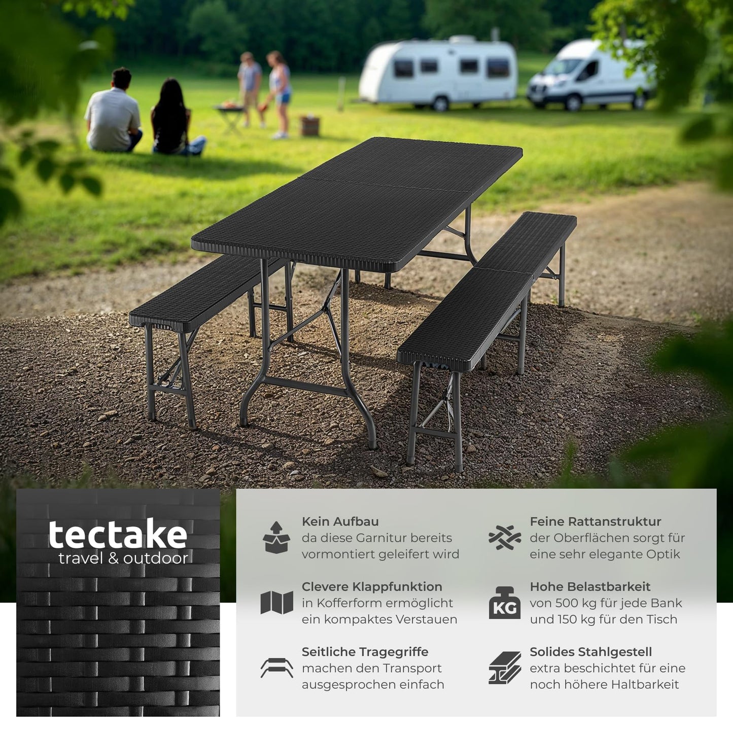 tectake® 3-teiliges Gartenmöbel Set, klappbarer Campingtisch mit 2X Bierbank, Balkonmöbel, Garten oder Terrassentisch Set, Bierzeltgarnitur, mit Tragegriffen, 180cm lang (weiß)