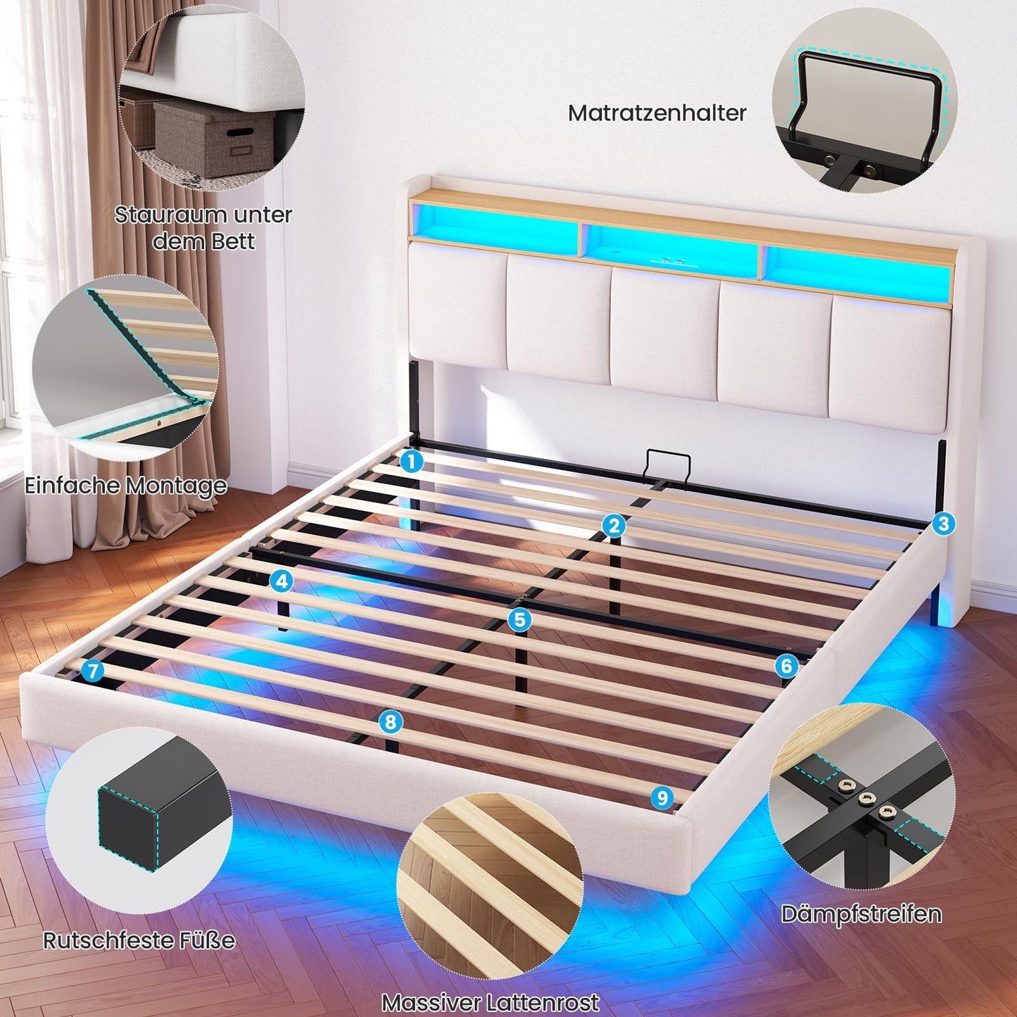 Brinlawb Upholstered Bed 140 x 200 cm Floating Bed with LED Lighting, Headboard and Charging Station (2 AC Sockets, 2 USB Ports), Bed 140 x 200 cm with Storage Space, Modern Double Bed with Slatted