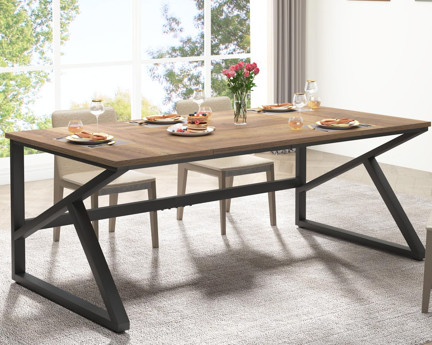 IBF Desk in Brown Colour with a Length of 70 Inches, Industrial Large Double Metal and Wood Desk for Computer, Long Office Table for Home