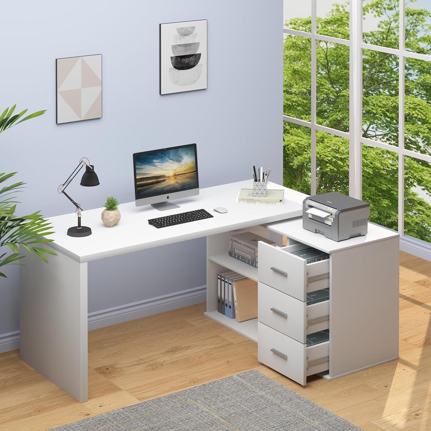 Mudmasa Schreibtisch Weiß Umkehrbarer Eckschreibtisch Computertisch Schreibtisch L Form mit Stauraum Bürotisch Eckschreibtisch mit 3 Schubladen und 2 Regalen für Büro Homeoffice 140x50x76 cm