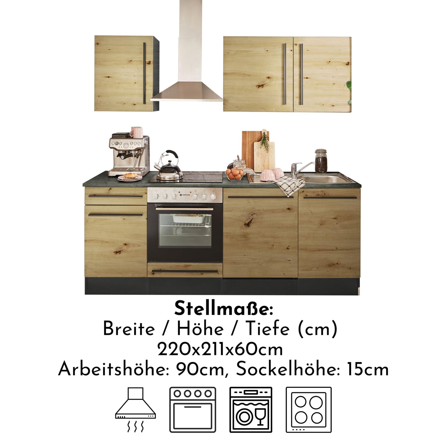 Jazz 8 Moderne Küchenzeile ohne Elektrogeräte in Anthrazit, Artisan Eiche Optik - Geräumige Einbauküche mit viel Stauraum - 220 x 211 x 60 cm (B/H/T)
