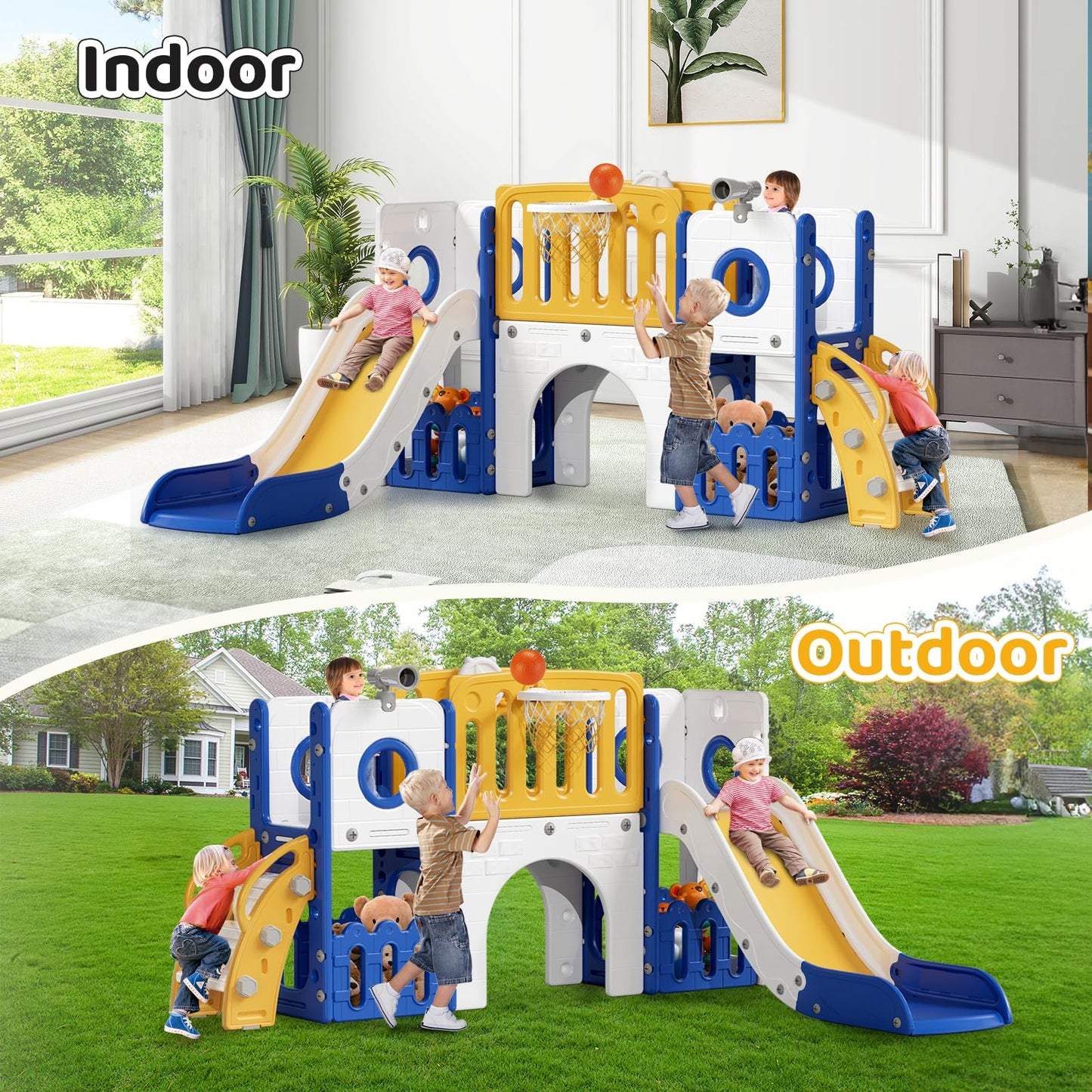 MAMIZO 9 in 1 Kinderrutsche, Kinder Rutsche mit Klettergerüst, Indoor & Outdoor Rutsche mit Basketballkorb und Teleskop, Tunnel, Stauraum, Gartenrutsche,Kinder Spielplatz, mit 2PCS Moduls, Gelb Blau
