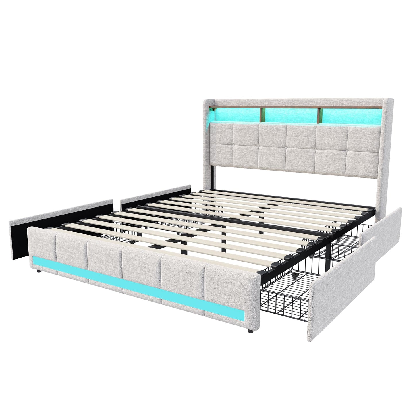 KeepGoon Doppelbett 140 x 200 cm,Polsterbett mit LED-Leuchten, 4 Eisenschubladen und einem USB Ladeanschluss,Stauraumbetten Bettgestell,Leinenstoff (Beige)
