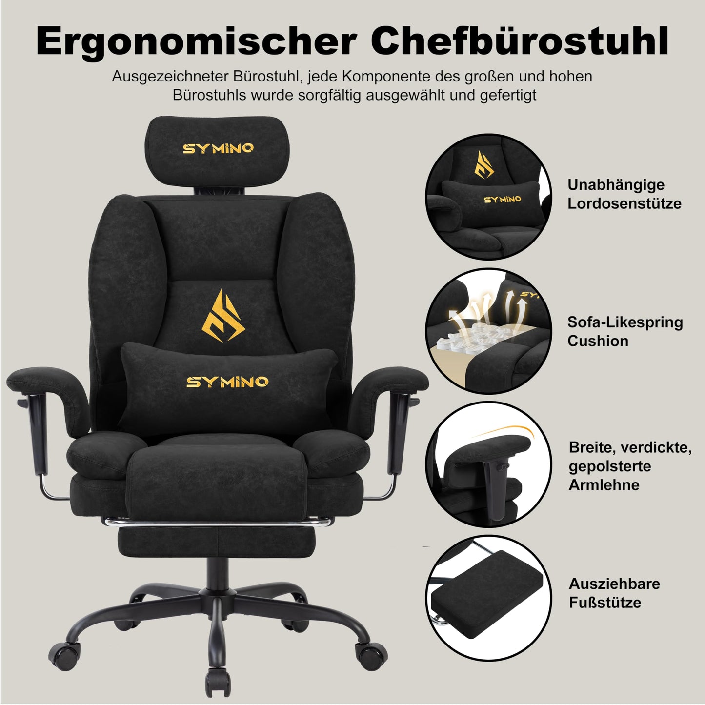 Symino Gaming Stuhl Chefsessel Bürostuhl Ergonomisch, Wildlederimitat Schreibtischstuhl mit Fußstütze Höhenverstellbarer Office Chair Computerstuhl 130kg, Schwarz