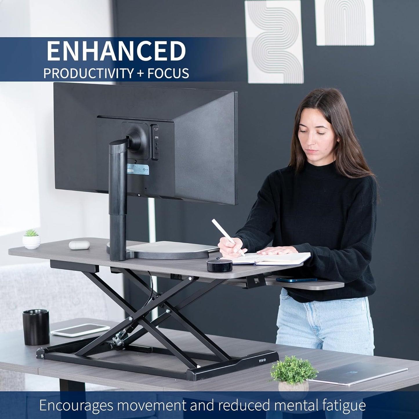 VIVO 32” Stehpult-Konverter mit höhenverstellbarem Aufsatz, Steh-Sitz-Arbeitsplatz für zwei Monitore und Laptop, mit breiter Tastaturablage, Schwarz, DESK-V000K