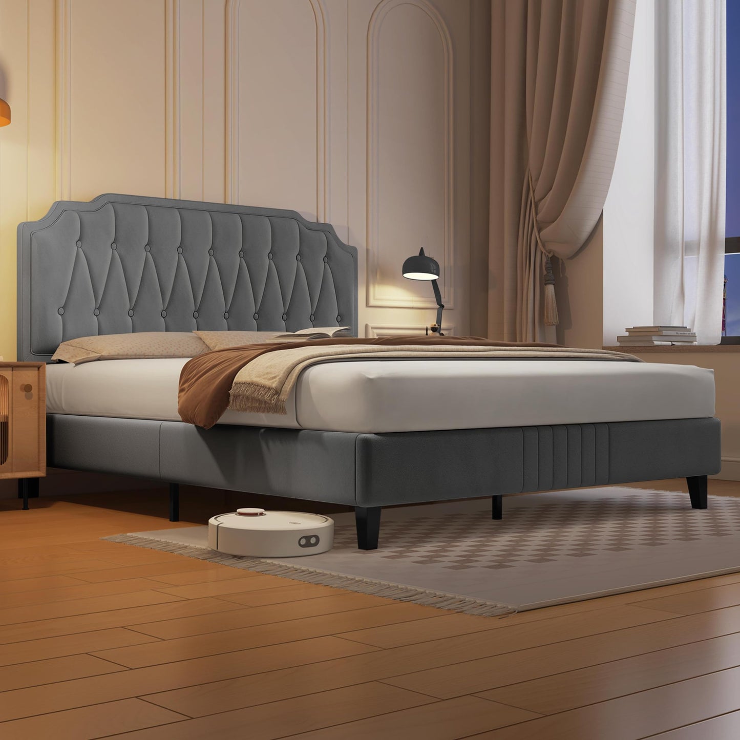 Yaheetech Upholstered Double Bed 140 x 200 cm Fabric Bed Youth Bed Padded Bed with Height-Adjustable Headboard Bed Frame with Slatted Frame, Dark Grey