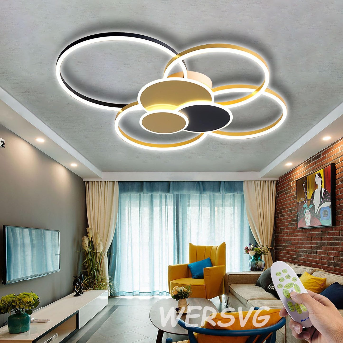 WERSVG L80cm Modern LED Deckenleuchte Wohnzimmer Deckenlampe gold 6-Ring Deckenleuchte 70W 5600LM Dimmbar 3500K - 6500KMit Fernbedienung flurlampe decke, für Wohnzimmer Schlafzimmer Küche Esszimmer