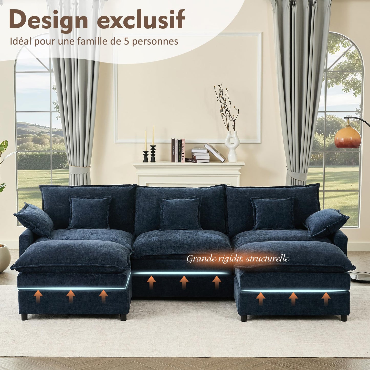 Litbird U-förmiges modulares Sofa 3-Sitzer Ecksofa mit Hocker, tiefes Sitzdesign, Cloud Couch für Wohnzimmer(Hellbraun)