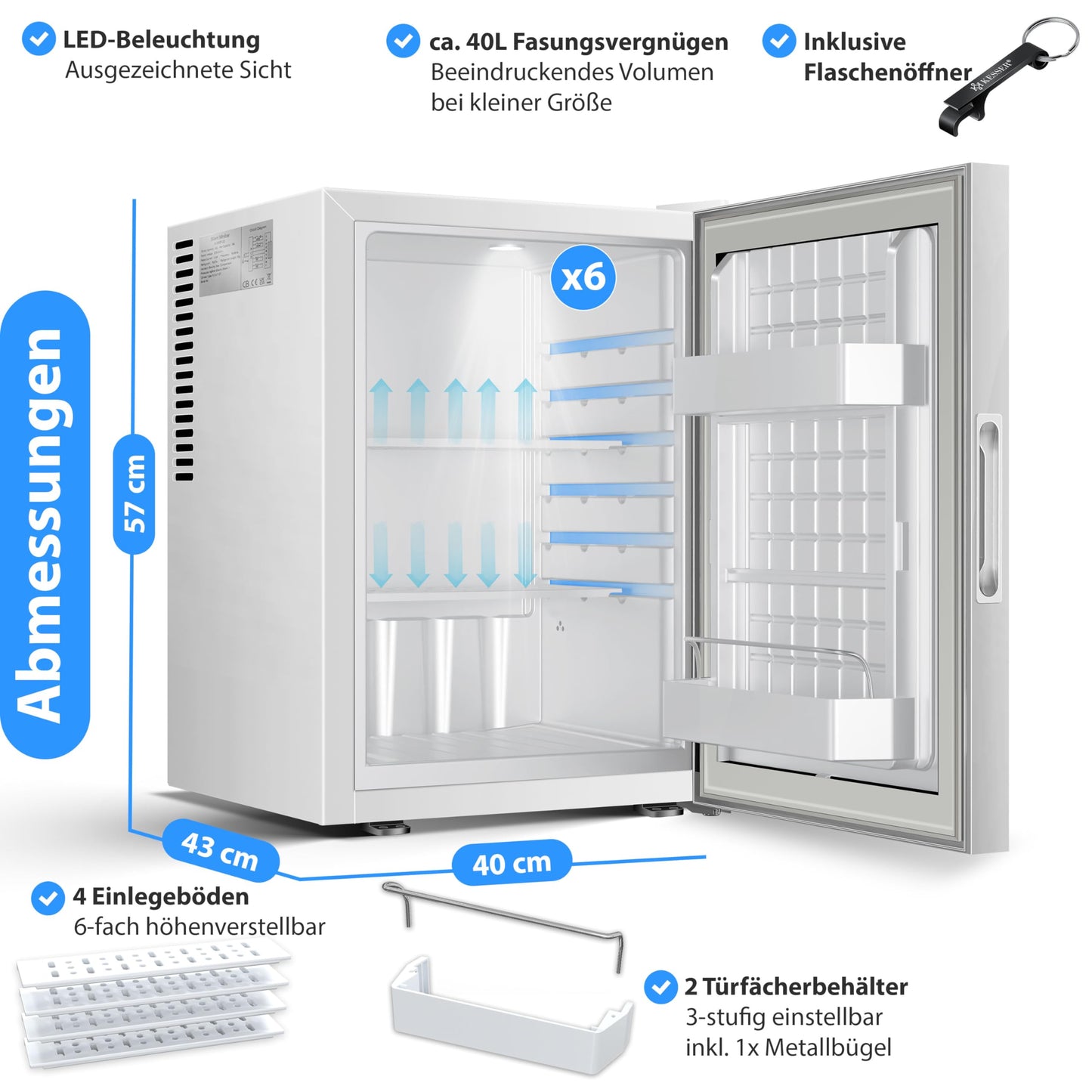 KESSER® Mini Fridge 40 L Lockable Mini Bar Ideal for Camping, Office, Bedroom, Hotel, Kitchen, Small Fridge Completely Silent, Interchangeable Door Hinge, Interior Lighting with Glass Opener