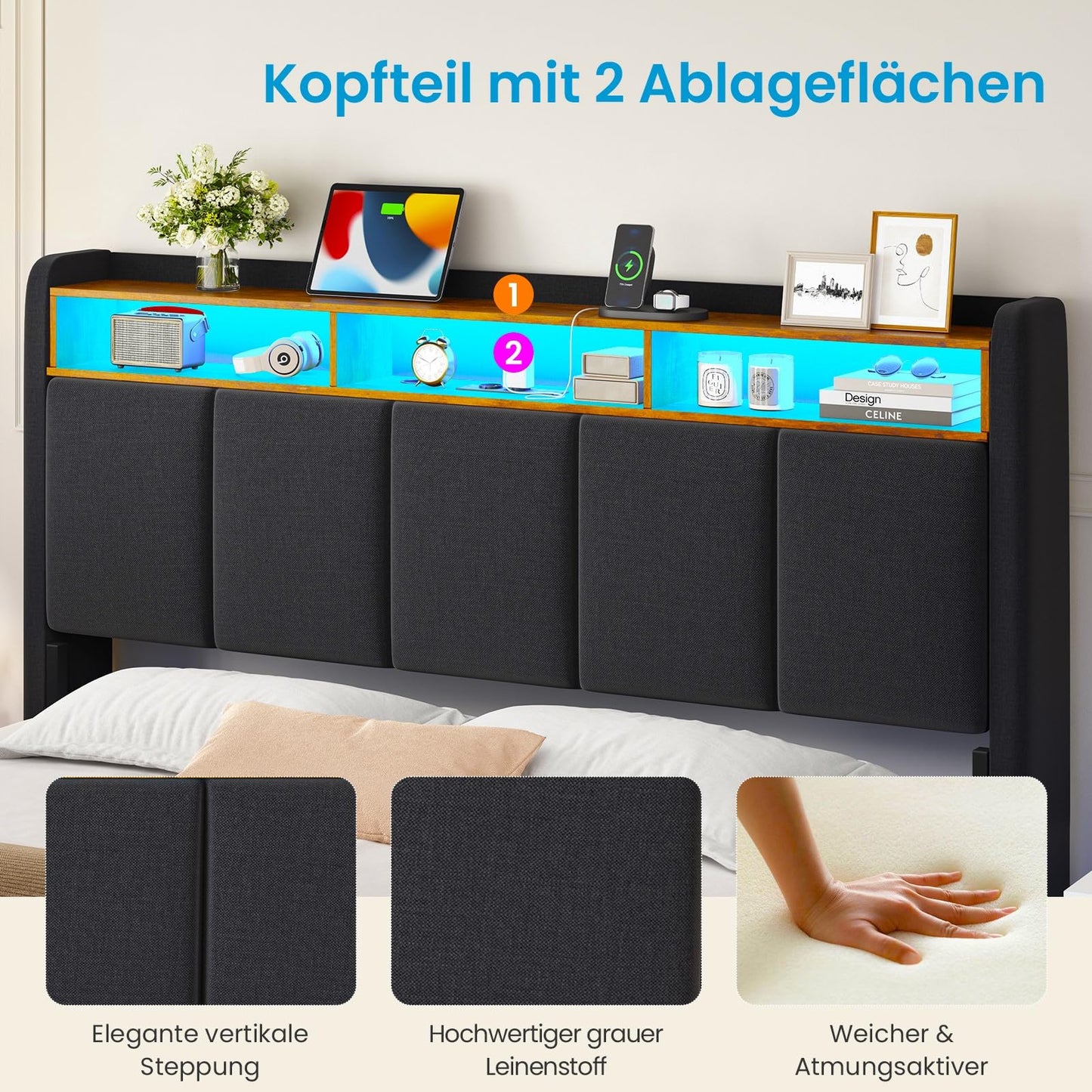 Brinlawb Upholstered Bed 140 x 200 cm Floating Bed with LED Lighting, Headboard and Charging Station (2 AC Sockets, 2 USB Ports), Bed 140 x 200 cm with Storage Space, Modern Double Bed with Slatted