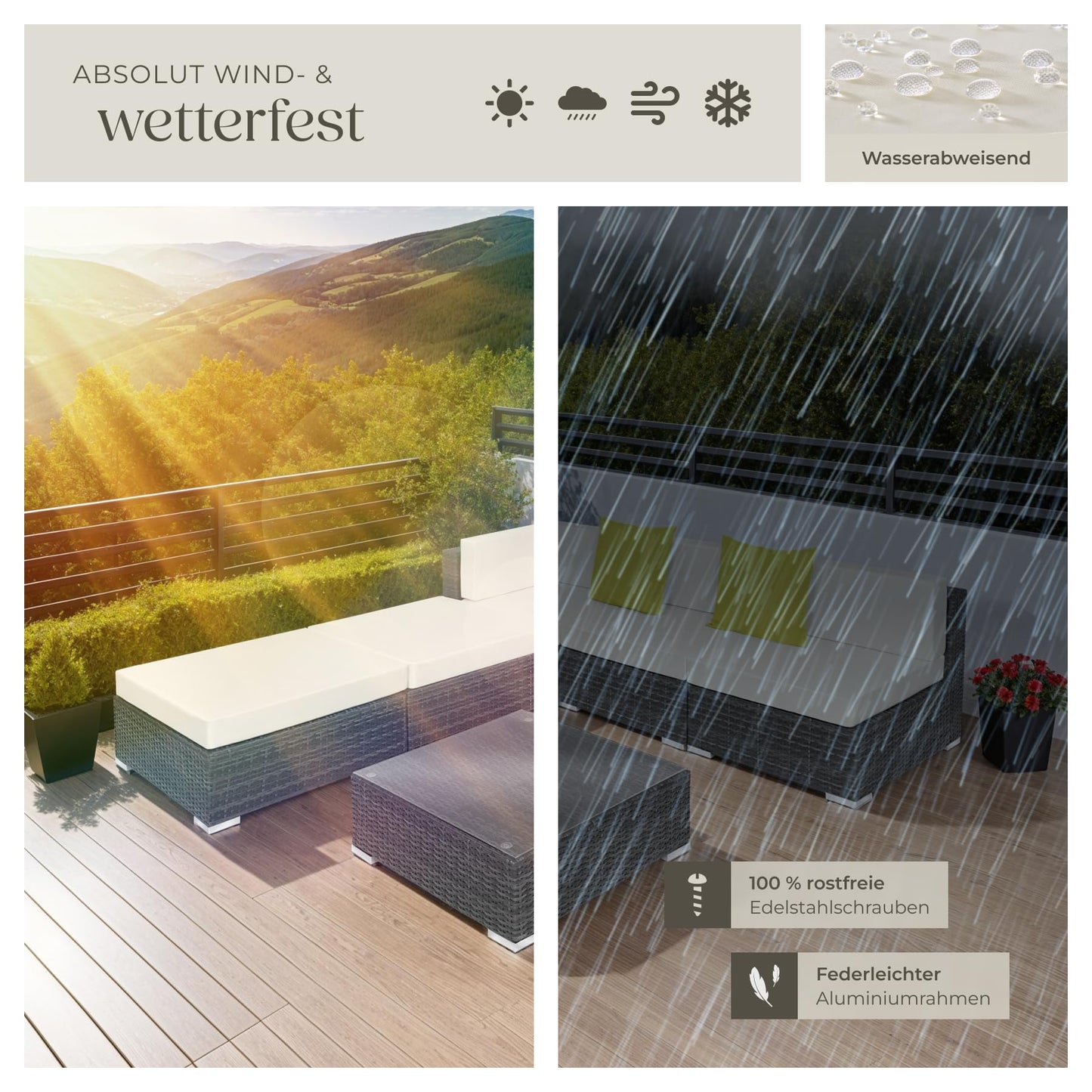 tectake® Aluminium Poly Rattan Lounge, modulares Gartenmöbel Set, großer Outdoor Couch Tisch mit Glasplatte, Sofa Set wetterfest für Garten, Balkon und Terrasse, extra Dicke Polster - grau