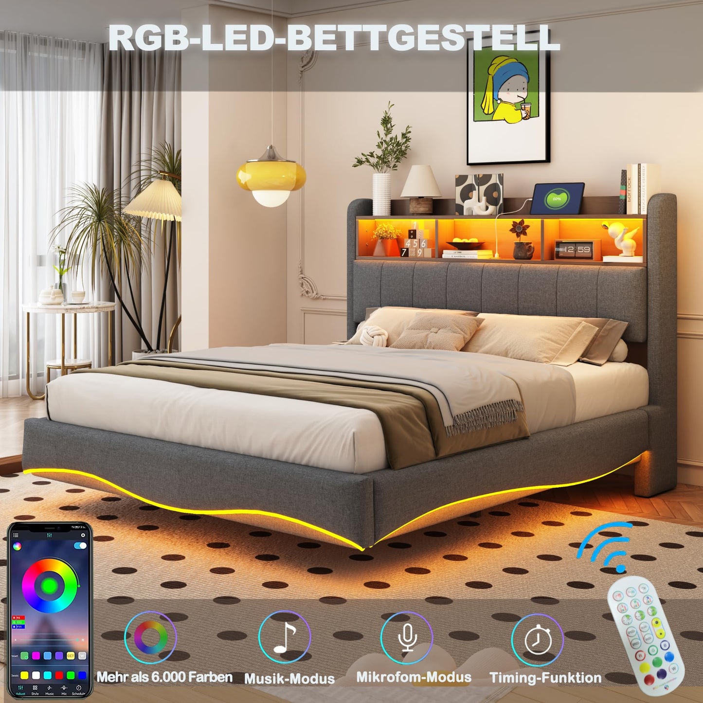 LAKFEW Polsterbett 140X200 cm, Doppelbett Stauraumbett mit LED-Beleuchtung, Erwachsenenbett mit USB/Typ-C, Bettgestell Bett mit Lattenrost, Ohne Matratze, Grau, Leinen
