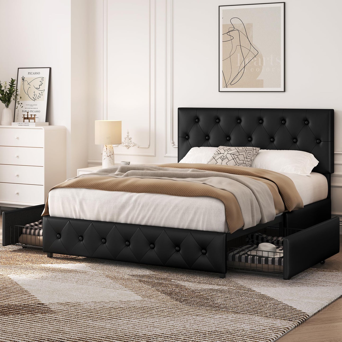 Yaheetech Polsterbett 140 x 200 cm Doppelbett Bettrahmen mit 2 Schubladen höhenverstellbares Kopfteil Gepolstertes Bett mit Lattenrost viel Stauraum, Schwarz