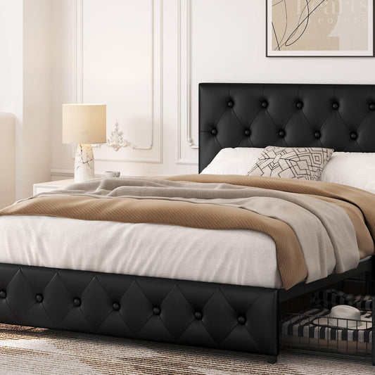 Yaheetech Upholstered Bed, 140 x 200 cm, Double Bed Frame with 2 Drawers, Height-Adjustable Headboard, Padded Bed with Slatted Base, Lots of Storage Space, Black