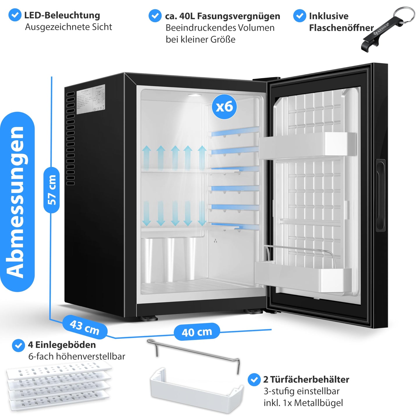 KESSER® Mini Fridge 40 L Lockable Mini Bar Ideal for Camping, Office, Bedroom, Hotel, Kitchen, Small Fridge Completely Silent, Interchangeable Door Hinge, Interior Lighting with Glass Opener