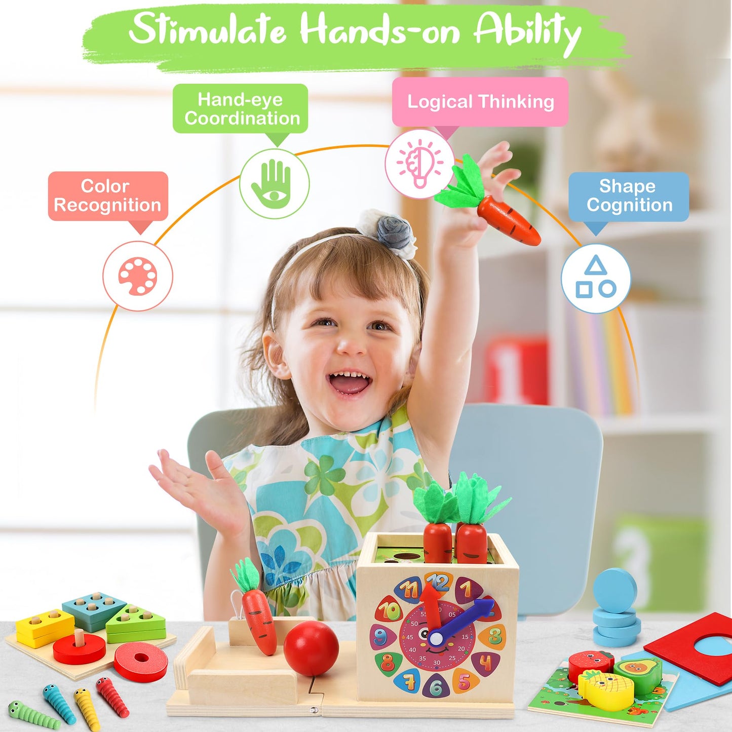 COOLJOY Montessori Toy from 1 Year | Wooden Toy Motor Skills Toy from 1 Year | 8-in-1 STEM Gift for Boys and Girls 2 3 4 Years