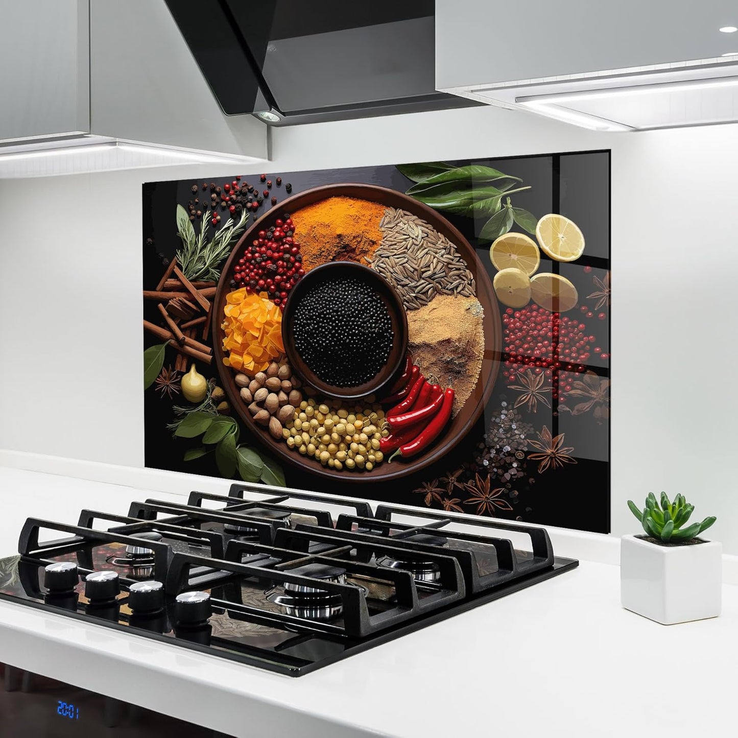 ARTHUB® Küchenrückwand aus Glas 50x70 cm, 5mm ESG | Spritzschutz, Glasplatte, Herdspritzschutz, Wandschutz für Herd, Hartglas, Lebensmittel, Gewürze, Heart Spice Powders
